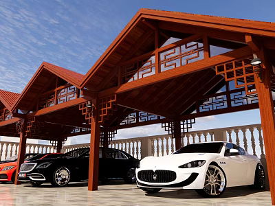 Chinese Style Wooden Parking Lot With Red Roof Openwork And Luxury Cars 3d model