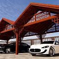 Chinese Style Wooden Parking Lot With Red Roof Openwork And Luxury Cars