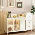 Illuminated White Sideboard with Glass Doors Top Coffee Machine Fruits Wine Bottles and Plant