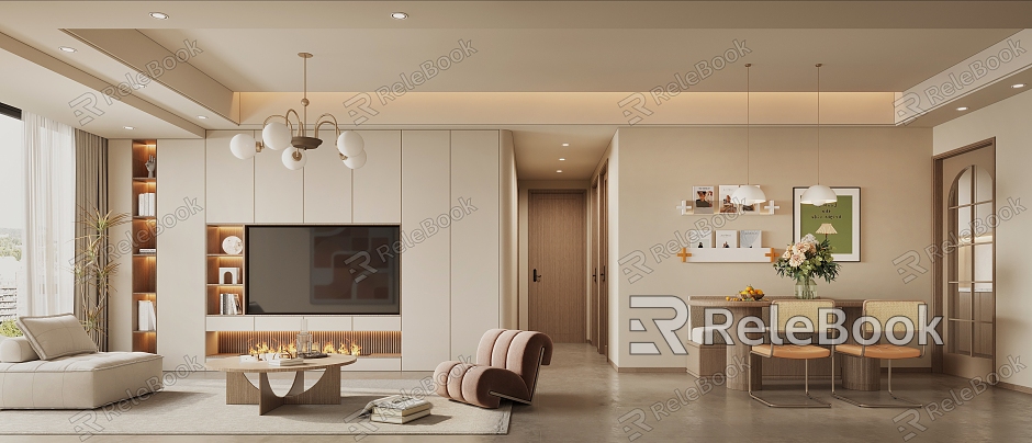 Cream Style Restaurant Nordic Living Room TV Background Wall Chandelier Dining Table and Chair model