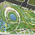 Park Landscape With Green Lawns Winding Pathways And Circular Water Features