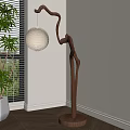 Natural Branch Shaped Floor Lamp With White Round Lampshade And Potted Plant Near Window