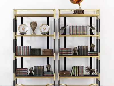 Gold Metal Frame Multi Tiered Bookcase With Books Statues Gramophone And Decorative Items 3d model