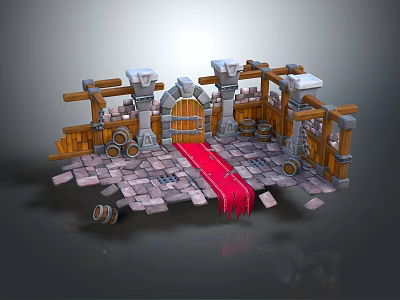 Cartoon Castle Scene With Stone Walls Wooden Door Red Carpet Barrels And Stone Pillars 3d model