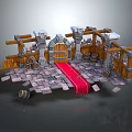 Cartoon Castle Scene With Stone Walls Wooden Door Red Carpet Barrels And Stone Pillars