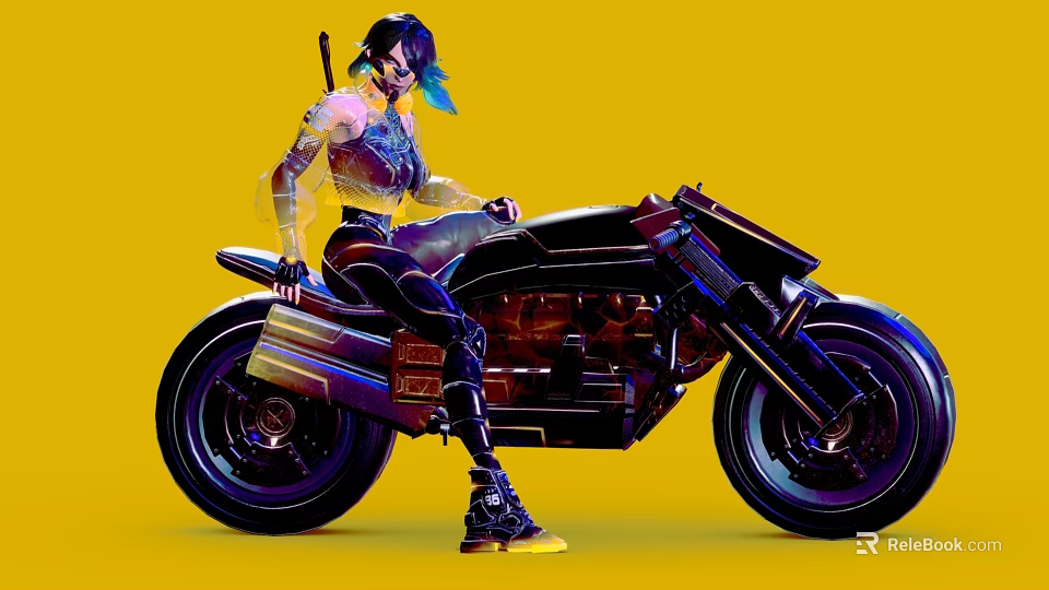 Futuristic Black Motorcycle With Female Rider And Colorful Hair On Yellow Background 3d model 