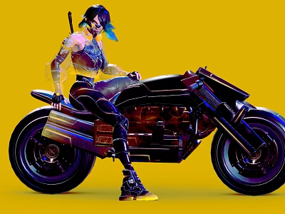 Futuristic Black Motorcycle With Female Rider And Colorful Hair On Yellow Background 3d model