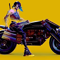 Futuristic Black Motorcycle With Female Rider And Colorful Hair On Yellow Background