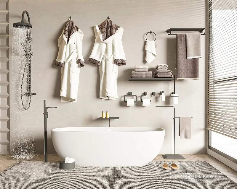 Modern White Freestanding Bathtub With Hanging Bathrobes Towels Slippers And Shower By Window 3d model 