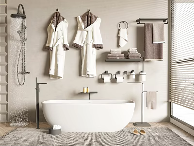 Modern White Freestanding Bathtub With Hanging Bathrobes Towels Slippers And Shower By Window 3d model