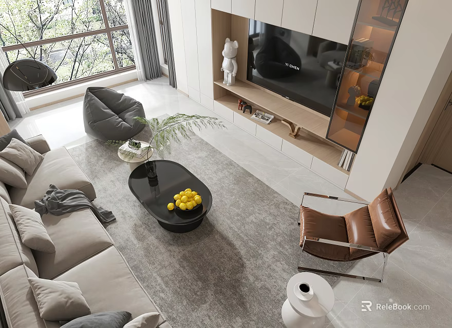 Modern Living And Dining Room Interior Design With Sofa Coffee Table TV Wall And Accent Chair 3d model 