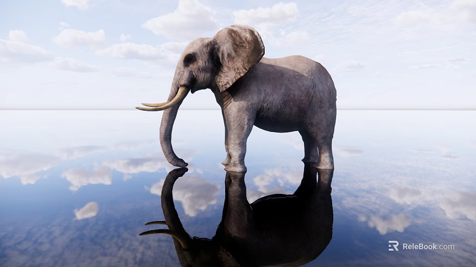 Gray Elephant Standing On Water Surface With Cloud Reflection In Sky 3d model 