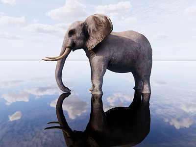 Gray Elephant Standing On Water Surface With Cloud Reflection In Sky 3d model