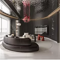 Modern Living Dining Room Interior With Red Walls Black Sofa Red Chairs And Round Rug