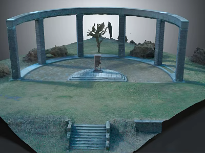 Round Stone Structure With Central Statue Surrounding Columns And Green Grass 3d model