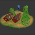 Textured Sandy Surface With Green Hollow Devices And Red White Accent