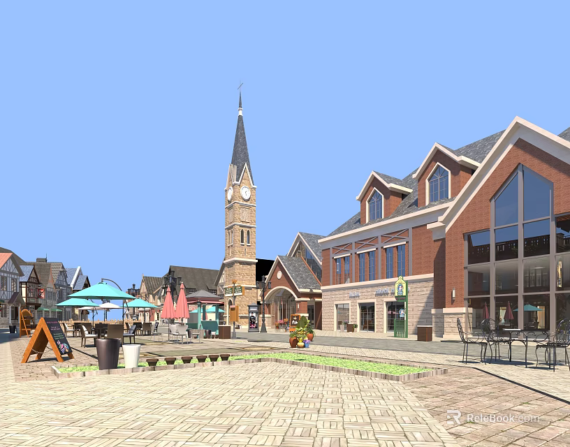 Scenic Commercial Street With Red Brick Buildings Steeple Clock Tower Outdoor Seating And Umbrellas 3d model 