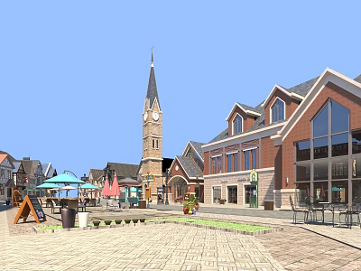 Scenic Commercial Street With Red Brick Buildings Steeple Clock Tower Outdoor Seating And Umbrellas 3d model