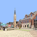 Scenic Commercial Street With Red Brick Buildings Steeple Clock Tower Outdoor Seating And Umbrellas