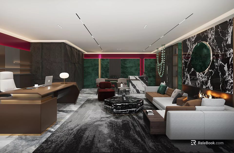 Modern Office Interior Design With Reception Desk Sofa Decorative Wall And Rug 3d model