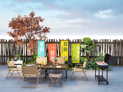 Outdoor Photo Check-in Spot With Wooden Fence Colorful Signs Red Leaf Tree And Grill 3d model