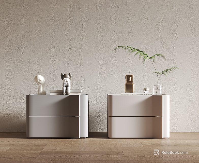 Modern White Bedside Tables With Drawers Small Plants And Decorative Ornaments 3d model 