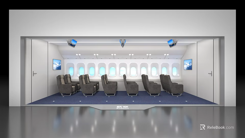 Airplane Cabin Interior With Comfortable Seats Large Windows Screens And Lighting 3d model 