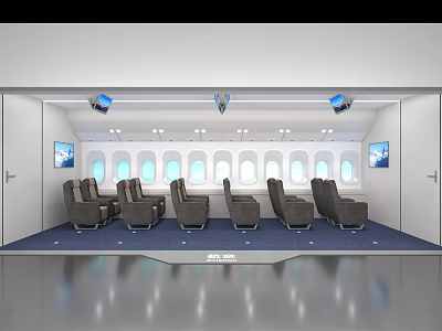 Airplane Cabin Interior With Comfortable Seats Large Windows Screens And Lighting 3d model