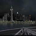 Scenic Night View Of City Skyline With Tall Buildings Colorful Lights And River Reflection