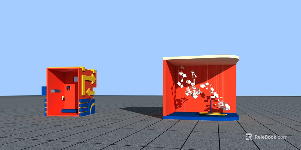 Vibrant Red Architectural Structures With Yellow Arrows And White Decorative Elements 3d model