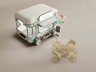 Stylish Outdoor Table And Chair Set By Blue White Food Truck With Colorful Balloons 3d model