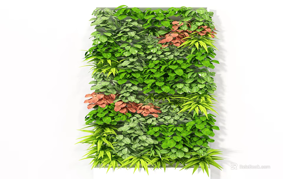 Lush Indoor Living Plant Wall With Green Leaves Red Foliage And Diverse Plant Varieties 3d model 