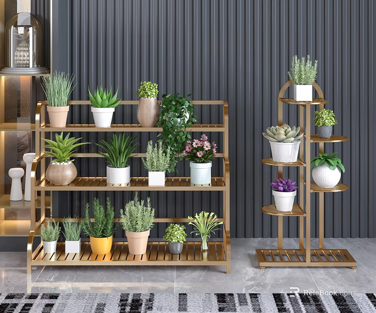 Multi Tiered Gold Plant Stands With Colorful Succulent Plants In Indoor 3d model 