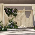 Elegant Wedding Floral Installation With Ivory Curtain Frame And Purple White Flowers