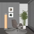 Brown Leather Accent Chair With Wall Art Floor Lamp And Bamboo Plant Near Window