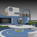 Community Garden Landscape With Blue White Building Circular Window Arched Door Large Tree Round Table