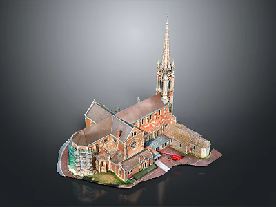Church Building Model Featuring Tower Spire Brown Roof And Red Car Display Scene 3d model
