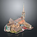Church Building Model Featuring Tower Spire Brown Roof And Red Car Display Scene