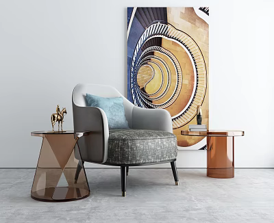 Elegant Modern Single Armchair With Gray Upholstery Blue Cushion Geometric Side Tables And Abstract Painting 3d model