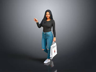 Stylish Woman In Black Long Sleeve Top And Blue Ripped Jeans Holding White Shopping Bag 3d model