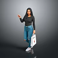 Stylish Woman In Black Long Sleeve Top And Blue Ripped Jeans Holding White Shopping Bag
