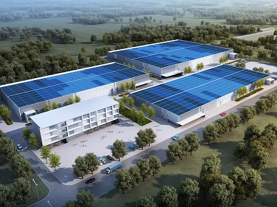 Modern Industrial Factory With Blue Solar Panels Roof Green Lawns Trees And Adjacent Office Building 3d model