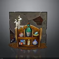 Whimsical Magic Themed Scene Decoration With Wooden Shelf Bottles Jars Brick Wall And Ghost Decorations