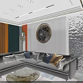 Modern Sofa Background Wall with Circular Painting Silver Panel and Colorful Throw Pillows