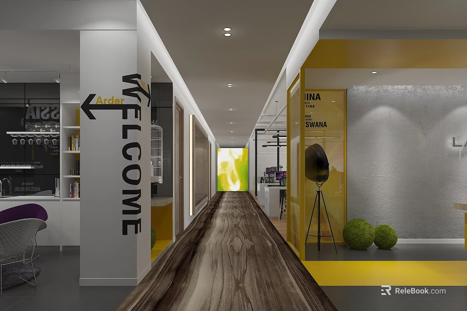 Modern Office Corridor Featuring Welcome Sign Arrow Wooden Floor Yellow Display And Green Decorative Balls 3d model 