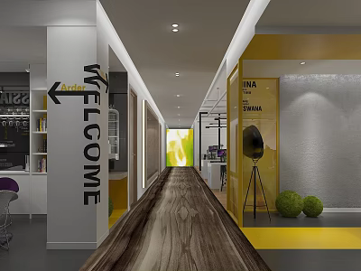 Modern Office Corridor Featuring Welcome Sign Arrow Wooden Floor Yellow Display And Green Decorative Balls 3d model