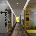 Modern Office Corridor Featuring Welcome Sign Arrow Wooden Floor Yellow Display And Green Decorative Balls
