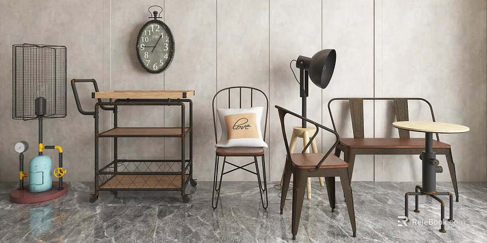 Rustic Modern Leisure Chair Interior With Metal Frame Wooden Seat And Floor Lamp 3d model 