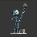 Blue Humanoid Sculpture Holding Silver Helmet Like Object With White Cables Connected To Square Device