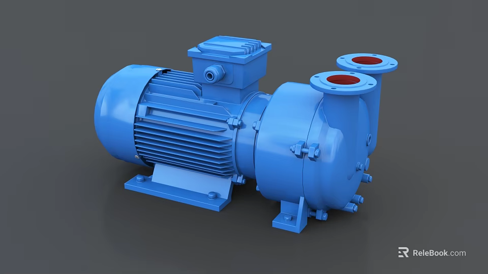 Blue Industrial Pump With Electric Motor And Red Inlet Outlets Base Structure 3d model 